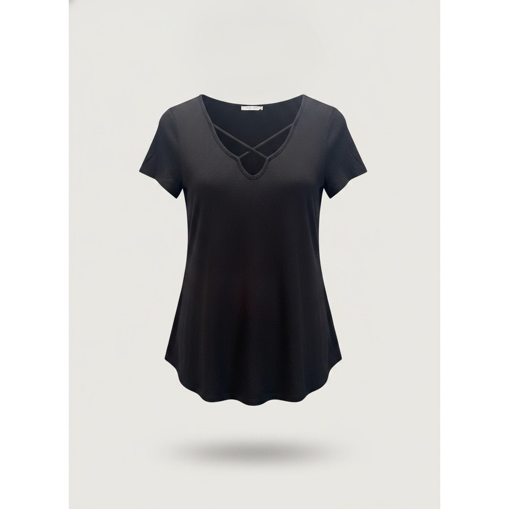 Emory Park Womens Black Short Sleeve Scoop Neck Top M4015TSF Size Small